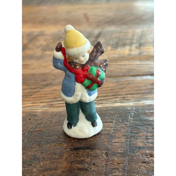 Vintage Ceramic Snowman & Boy Figurines Holding Gifts Christmas Village Figurine - Picture 12 of 12